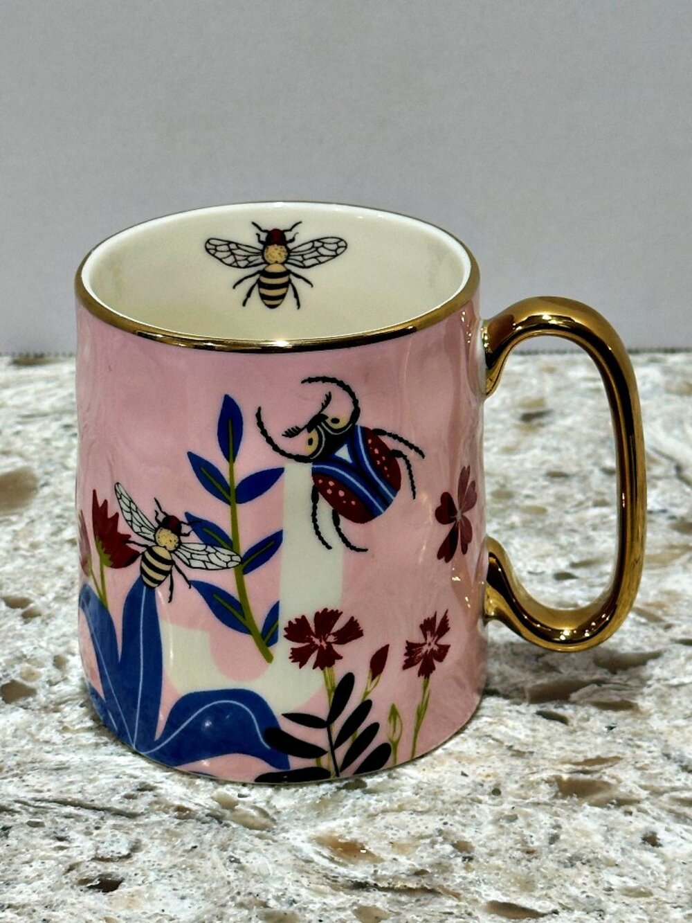 SH Home Letter J Mug Personalized Gold Handle Bee & Beetle Floral Initial Pink